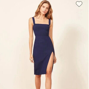 Reformation Blue Christina Midi Slit Dress Sleeveless Square Neckline XS
